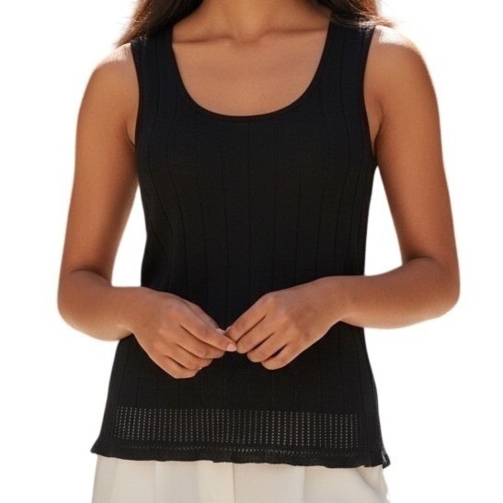 CACHE‎ Black Ribbed Knit Sheer Eyelet Trim Scoop Neck Sleeveless Top EUC Small